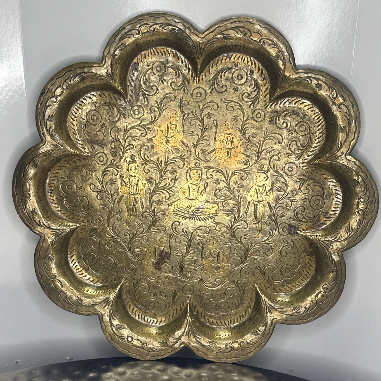 Antique Indian Brass Tray Hand Engraved Mughal Court Figures Punch Textured 19th