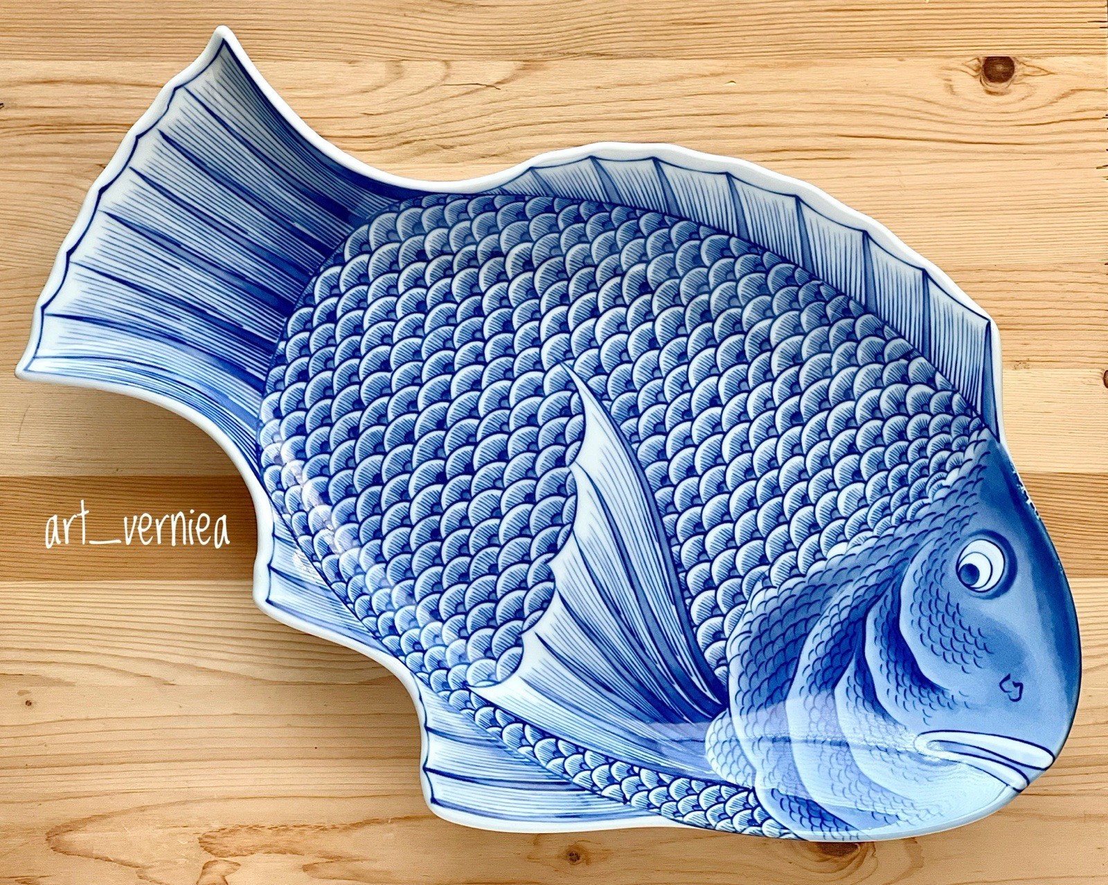 Antique Japanese Arita Imari Porcelain 16.5″ Blue Fish Shape Serving Dish LARGE