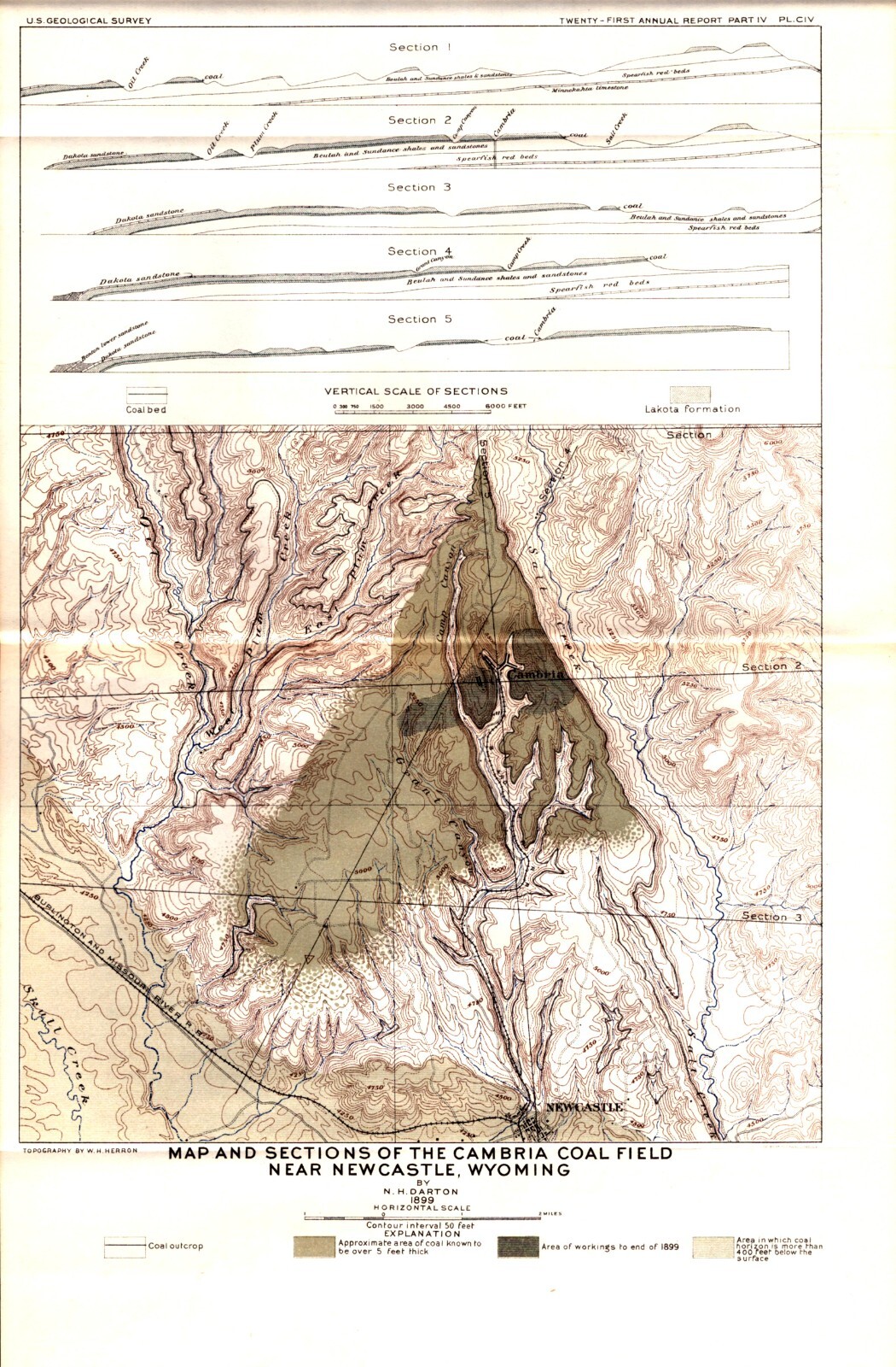 NEWCASTLE, WYOMING, CAMBRIA COAL FIELD Antique original geology map 1901
