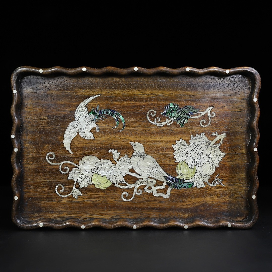 13.77″ Old Chinese rosewood tea tray with rosewood inlaid with shells