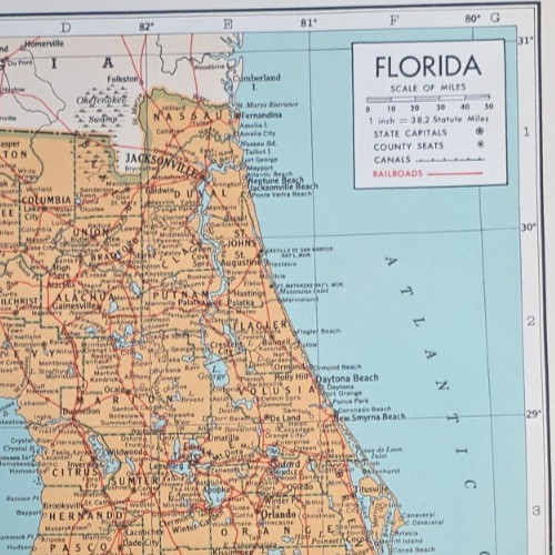 FLORIDA State Map Miami Tampa Jacksonville Everglades 1940 Vintage Atlas Map