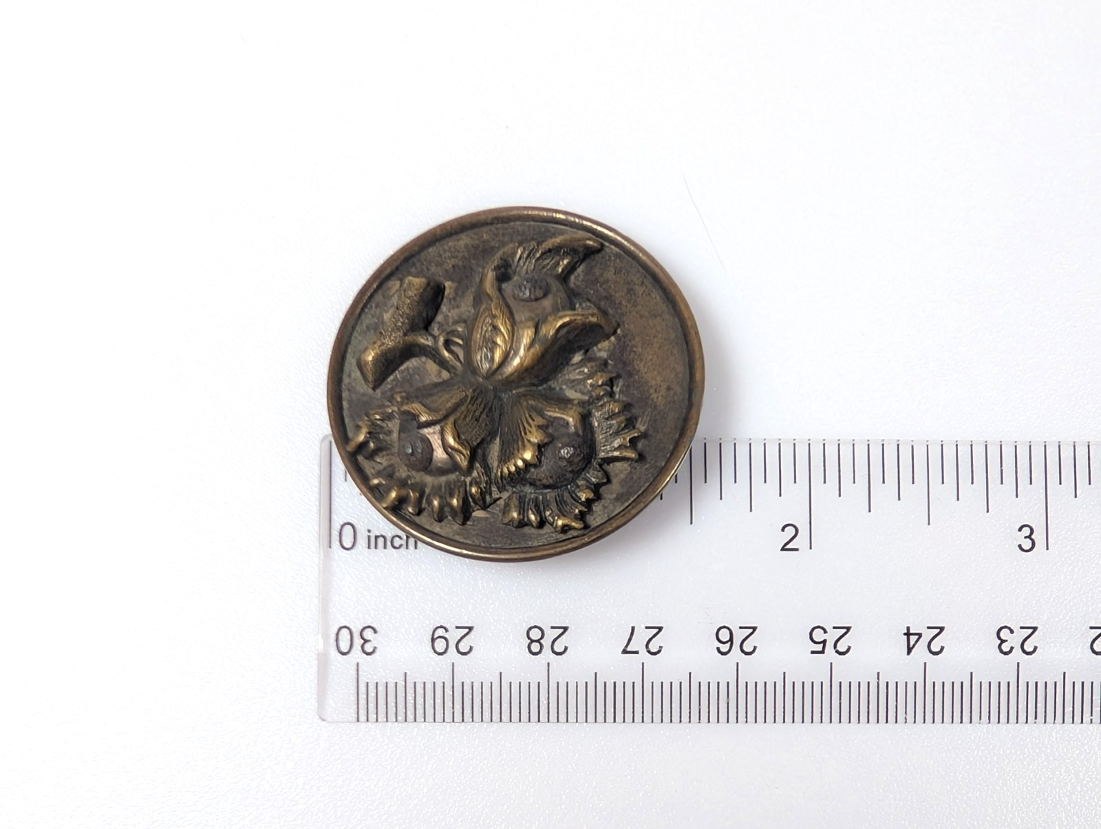 1 1/2″ Large Antique Victorian Picture Button Flowers Floral Plant Scene Vtg