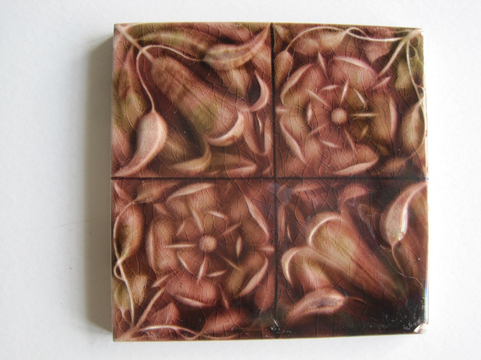 ANTIQUE 6″ SQ. MOULDED MAJOLICA QUARTERED CERAMIC TILE – C P SUTCLIFFE C1900-10