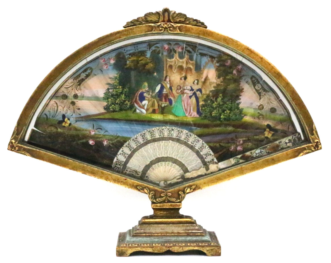 19th Century Hand Painted Double-Sided Antique Fan in Gilt Shadowbox Frame