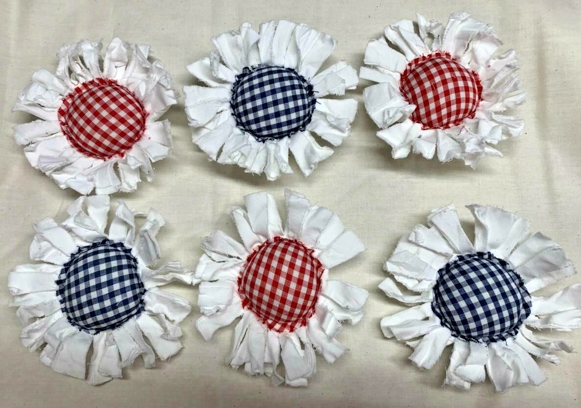 Primitive Flowers/Red-White-Blue/Gingham Checked/Set of Six/Farmhouse/Patriotic