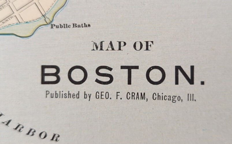 Vintage 1902 BOSTON MASSACHUSETTS Map 14″x22″ Old Antique Original TEA PARTY