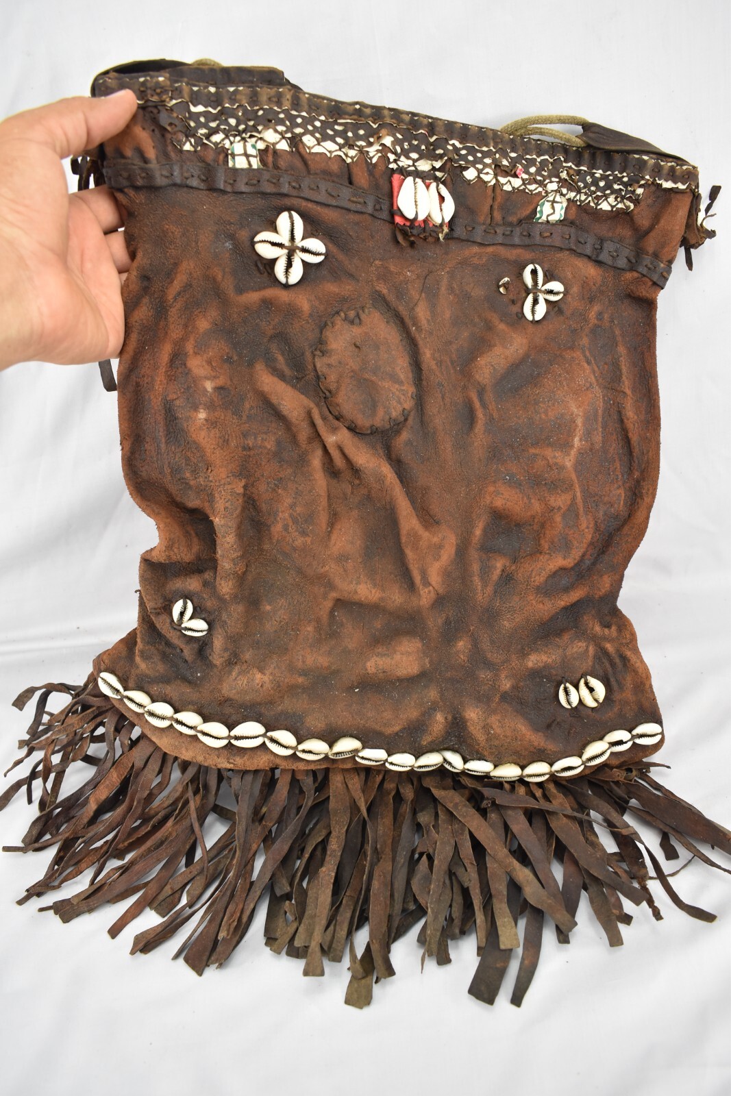 Handmade Antique Bedouin Middle Eastern Leather Goods Carrier With seashell