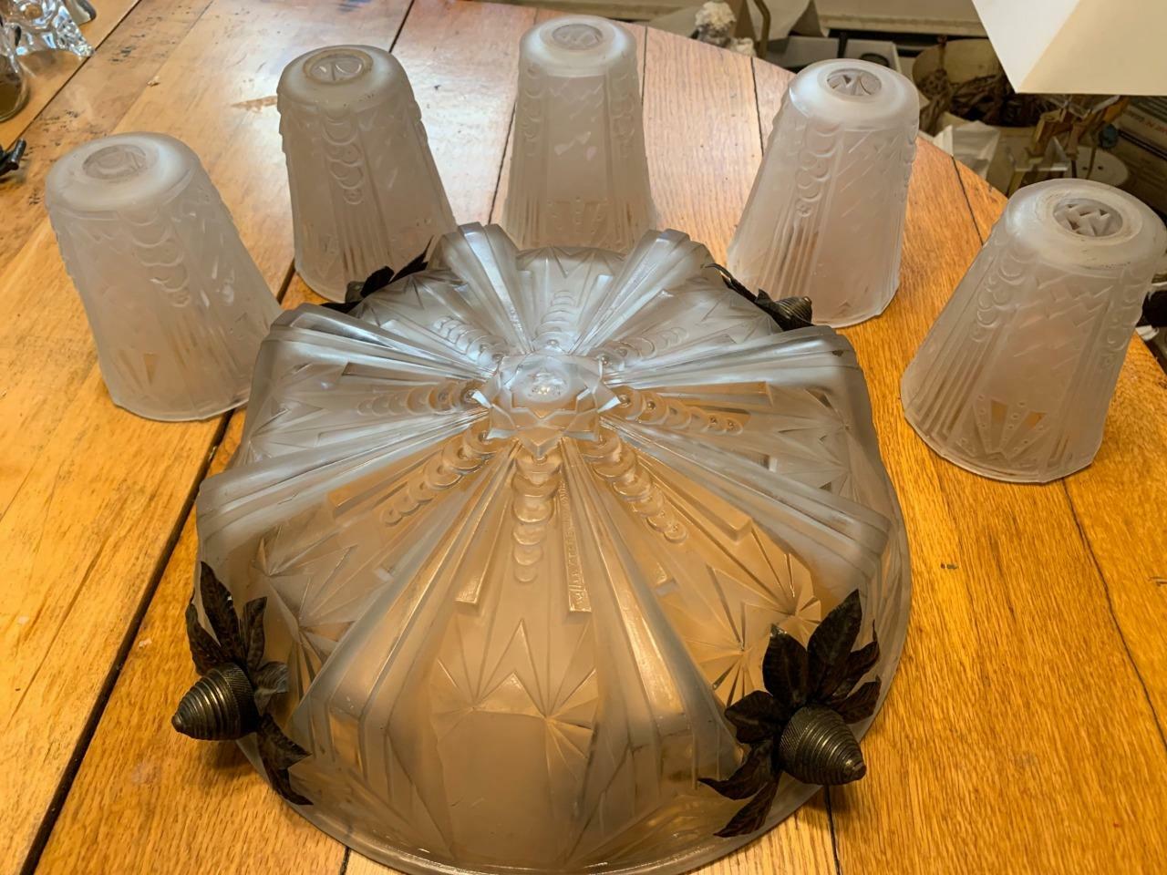 Muller Freres Art Deco Frosted Glass Chandelier Shades 6 Pieces Nice