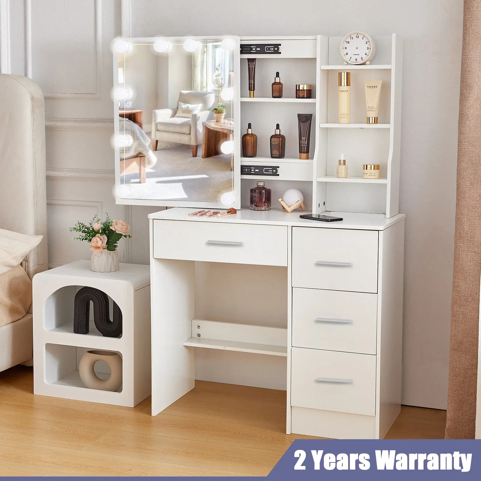 Dressing Vanity Table 10 LED Lights Sliding Mirror 4 Drawers Makeup Desk Dresser