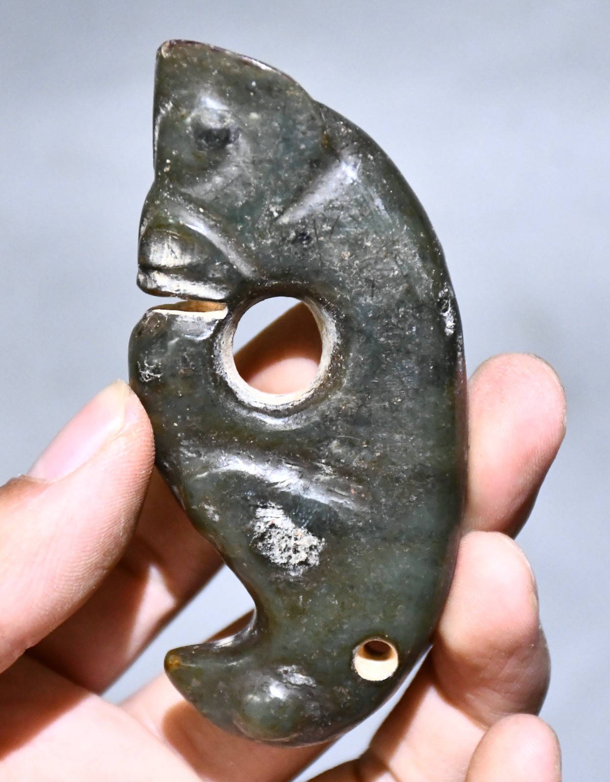 3”China Hongshan Culture Carved Yu Pig Dragon Hook Gou Bird Head Amulet Pendant