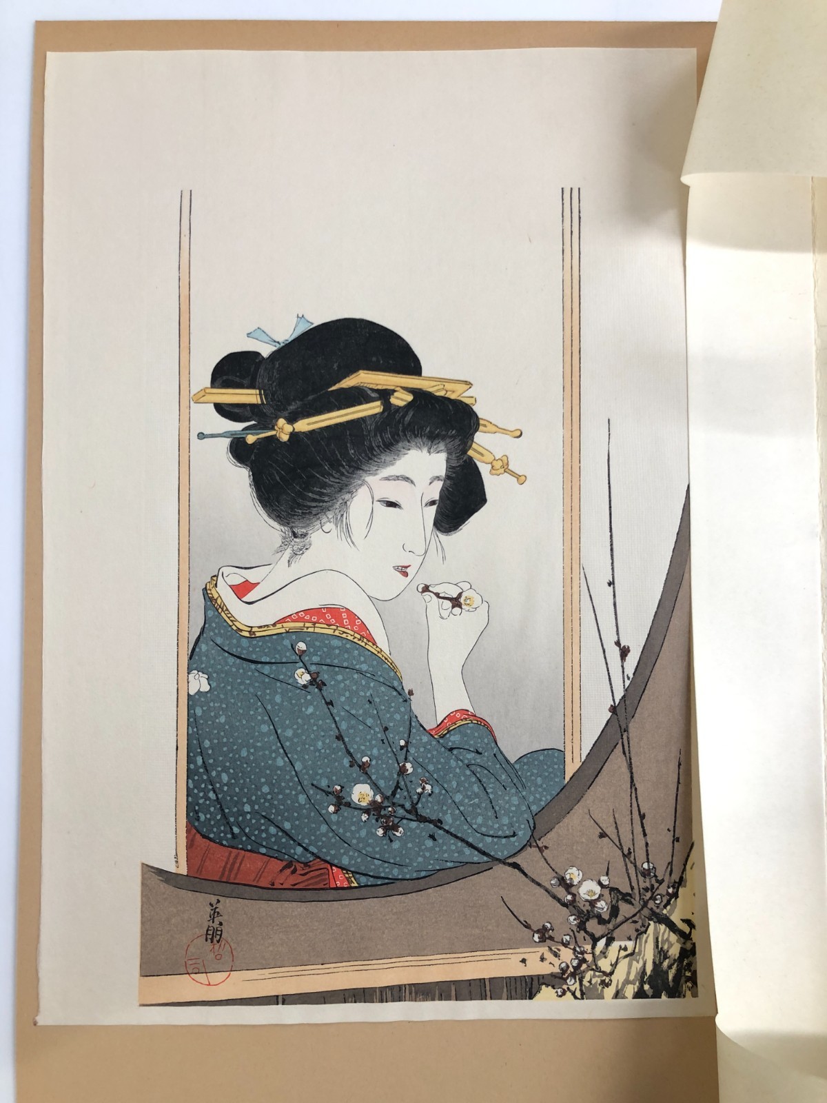 Eiho Woodblock Reprint: Beauty at Window & Plum Blossom 1977