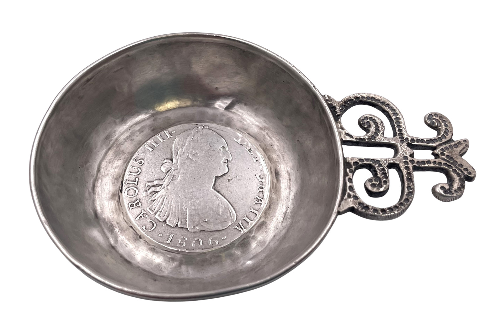 Spanish Silver Tastevin Wine Taster with Profile of Kind Charles IV