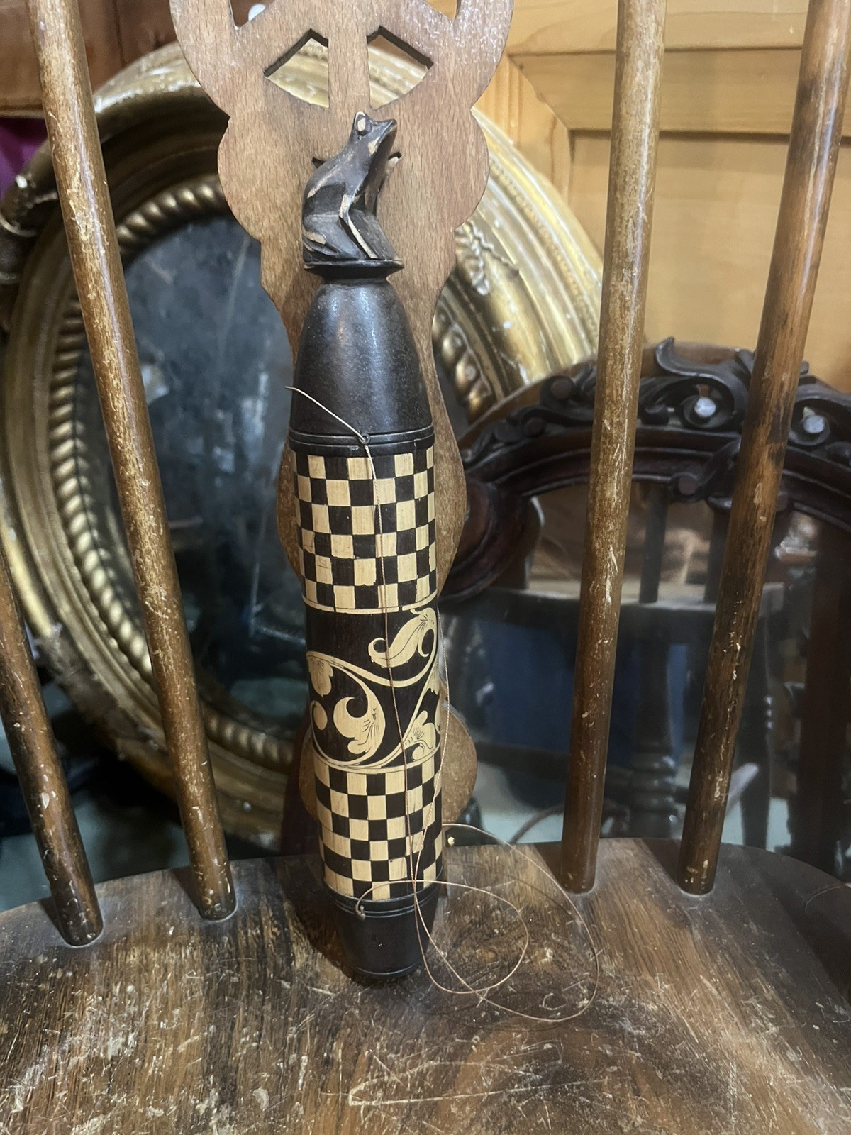 Wood Carved And Inlaid Chequered Poison Dart Holder Frog Top Dayak Indonesia