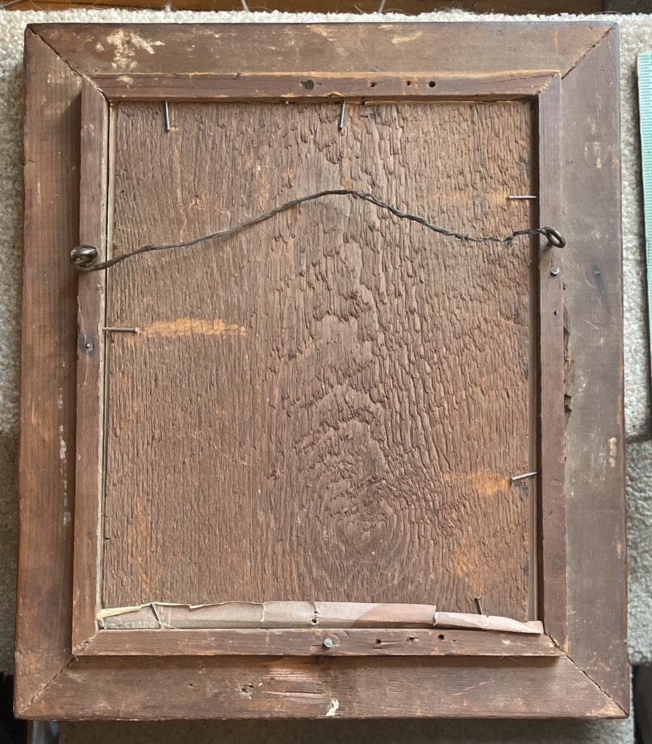 Vintage picture wooden frame nail corners wood back wire hanger no glass