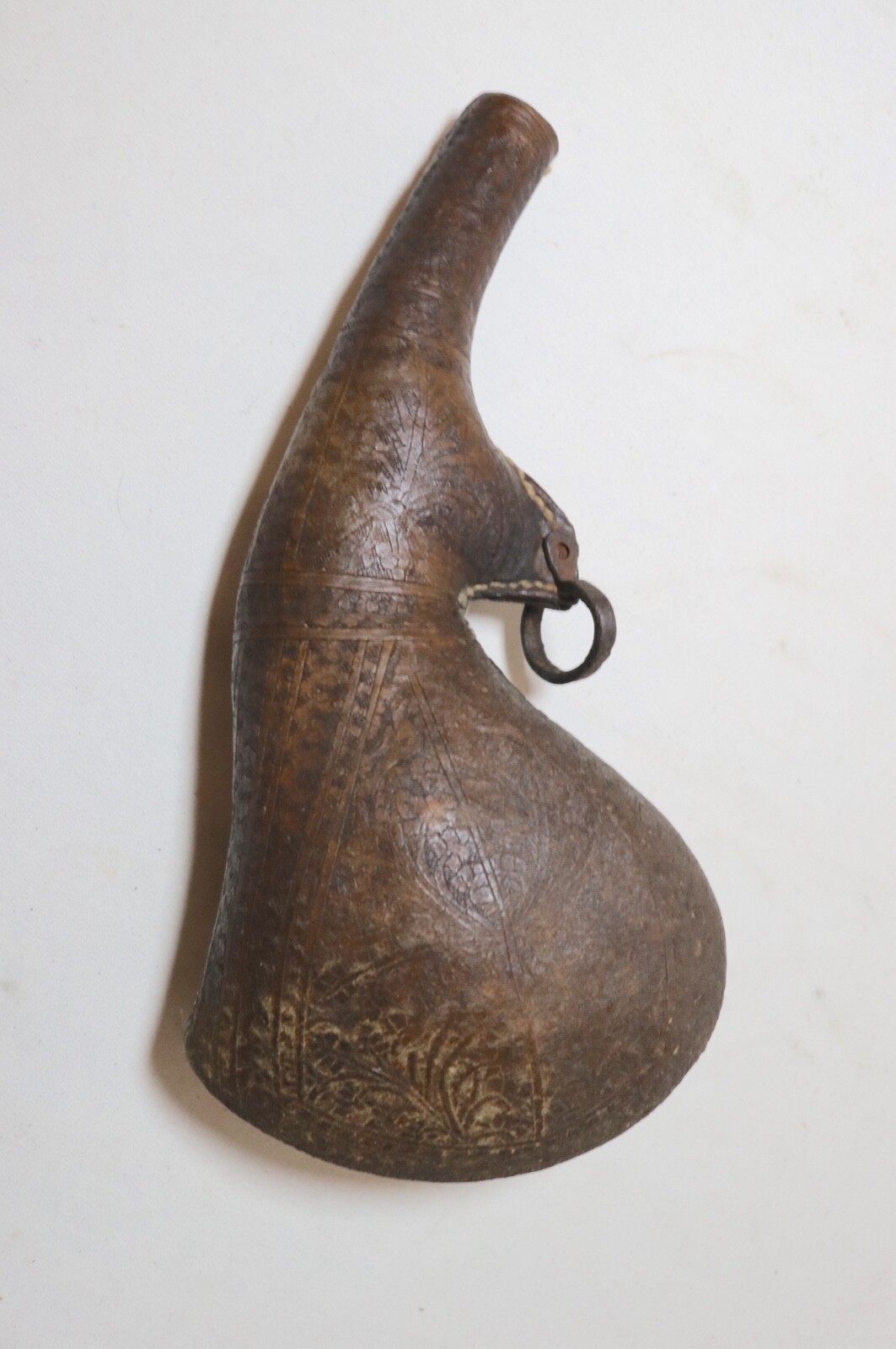 ANTIQUE 1700’S MIDDLE EASTERN LEATHER WROUGHT IRON CAMEL WATER SHOT FLASK JUG