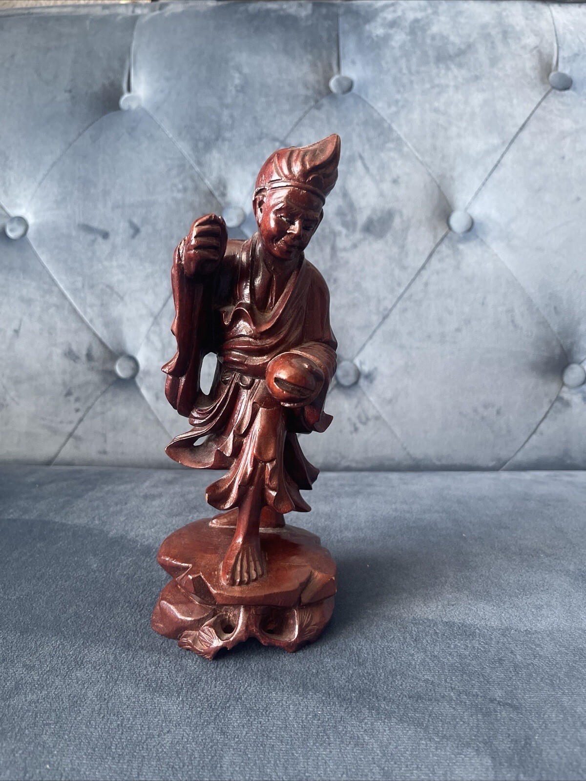 Intact Vintage Chinese Boxwood Carving Immortal With Peach Of Immortality 8.25”