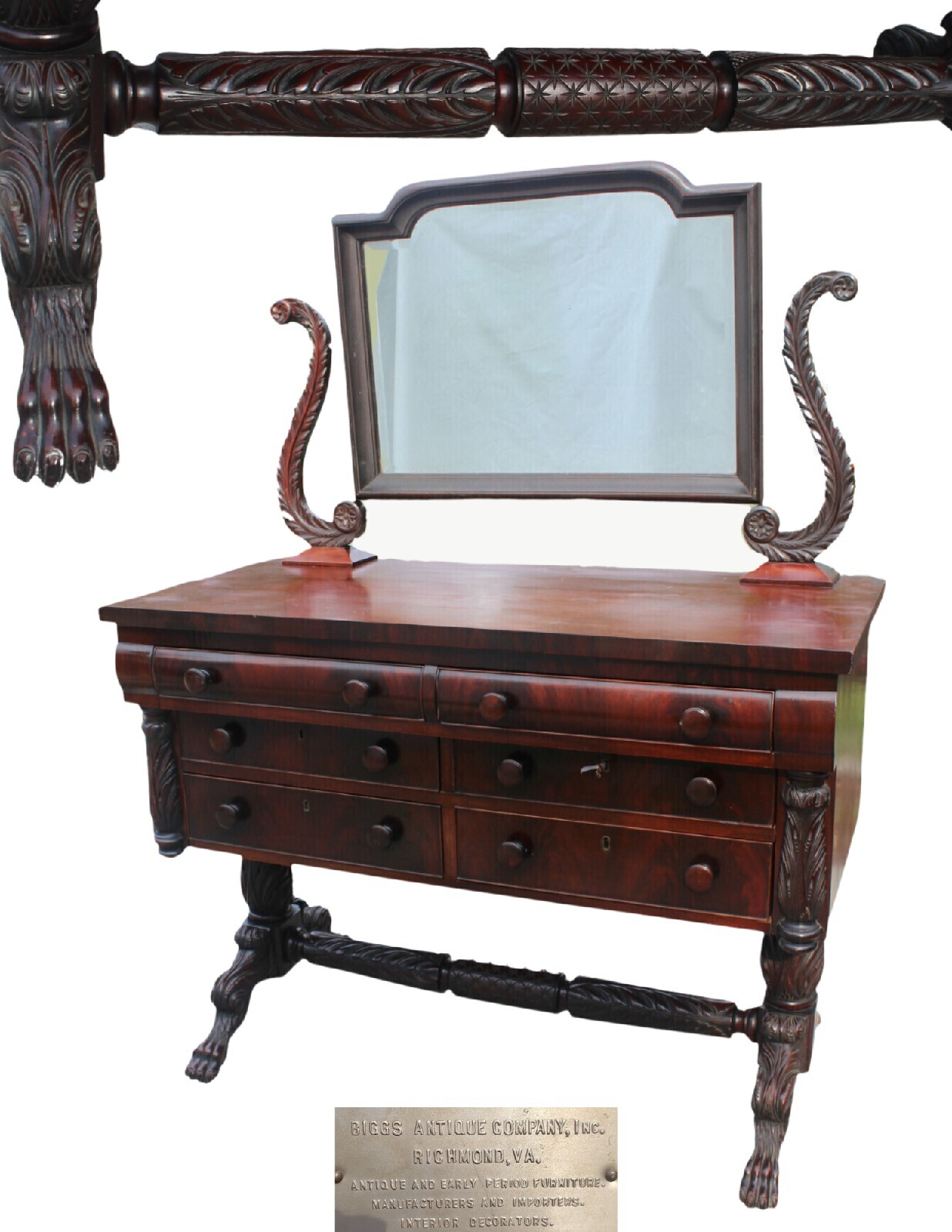BIGGS KITTINGER Colonial Empire carved Mahogany Dressing Table w/ mirror & key