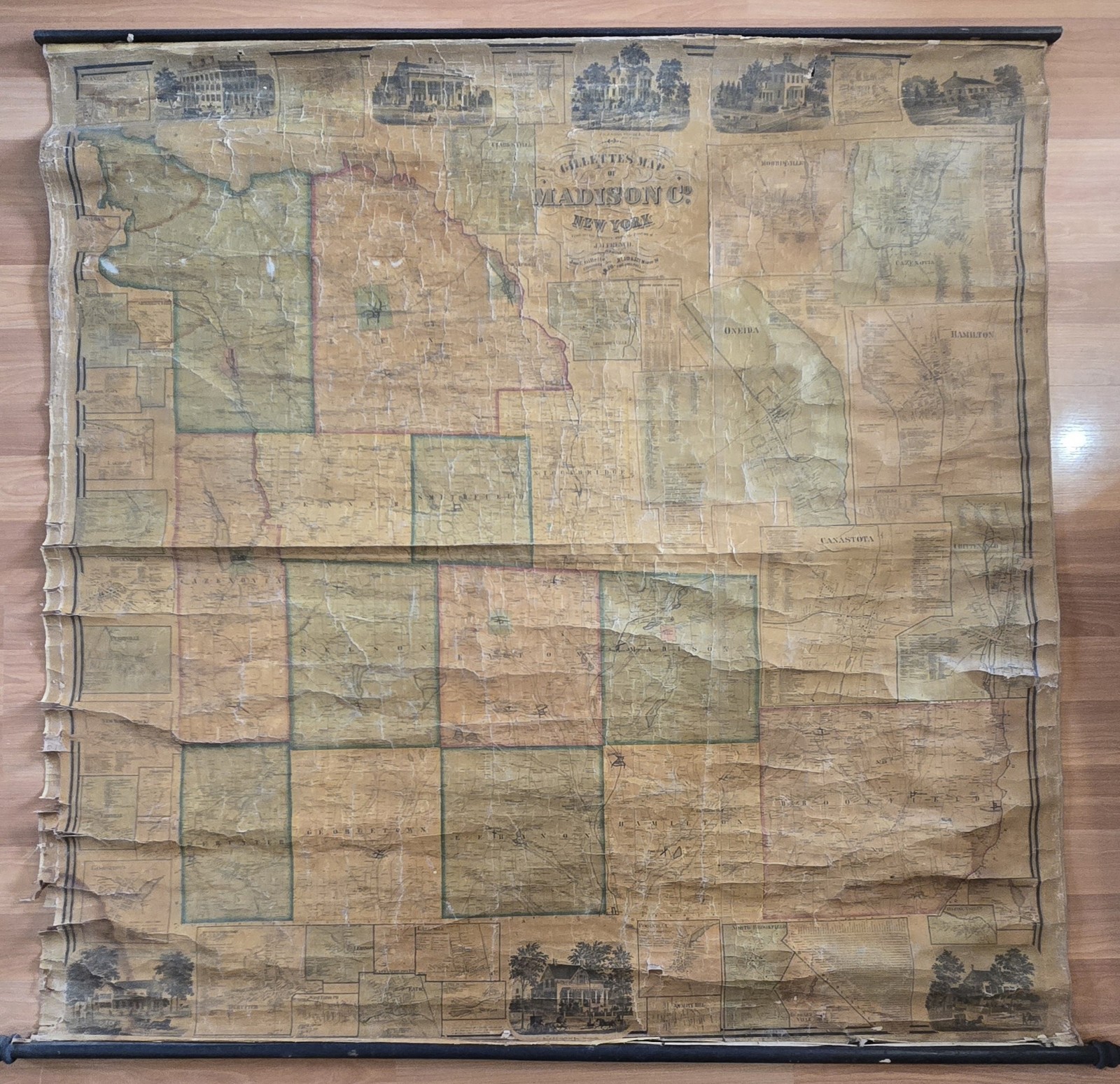 VTG ANTIQUE 1859 GILLETTES WALL MAP OF MADISON COUNTY NEW YORK ONEIDA CANASTOTA