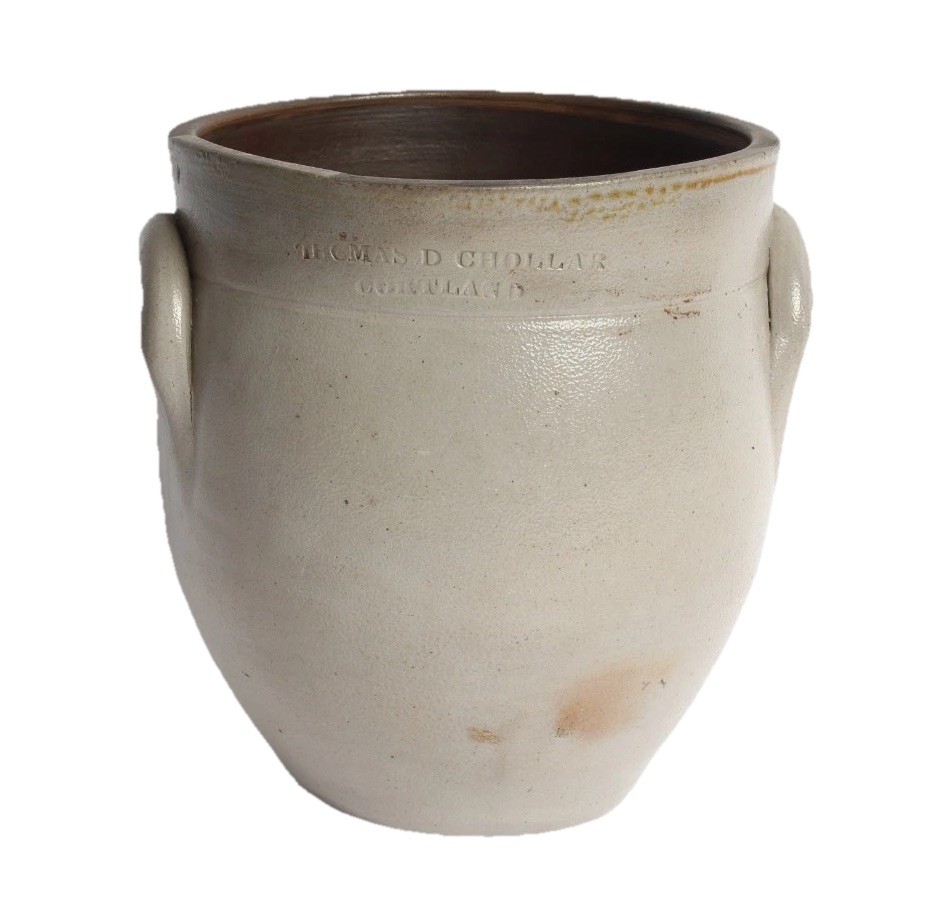 THOMAS D. CHOLLAR – CORTLAND NY ANTIQUE SALT GLAZE OVOID CROCK JUG BOTTLE HANDLE