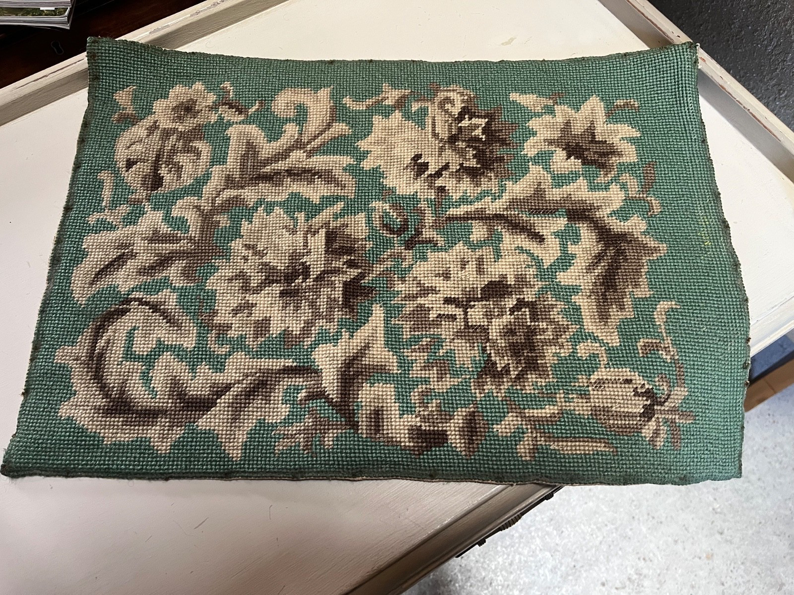 Antique Wool Tapestry Green Background Early 1900’s