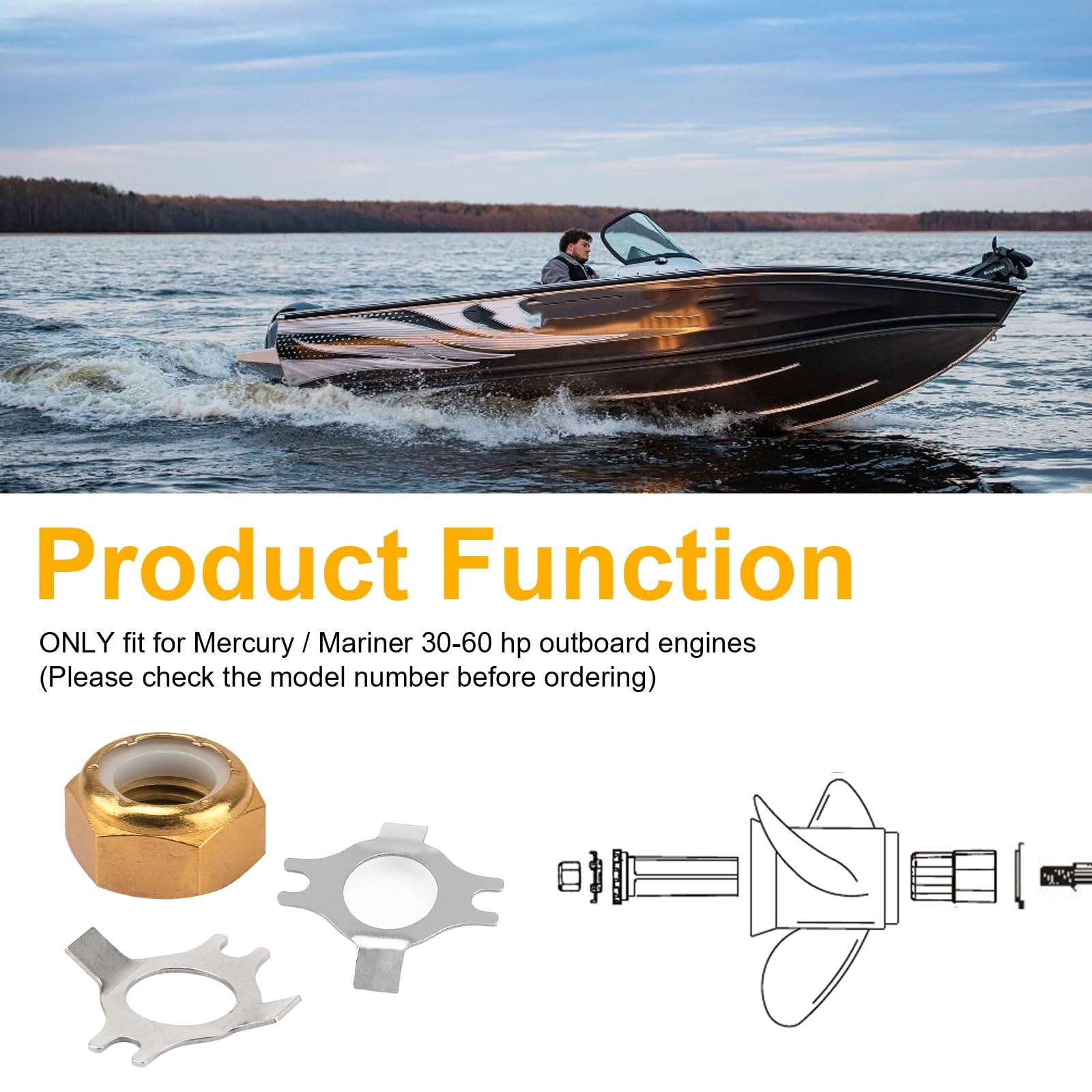 Marine Prop Nut and Lock Tab Washer Kit 18-3702 Fit for 1.125 inches, Silver
