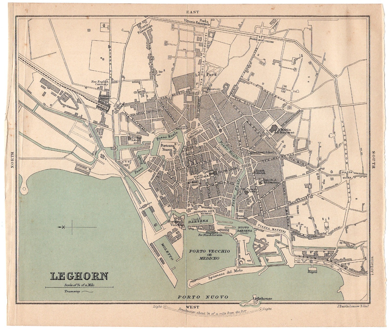 Leghorn Livorno Italy City Harbor Street Plan Antique Map 1900 Bartholomew
