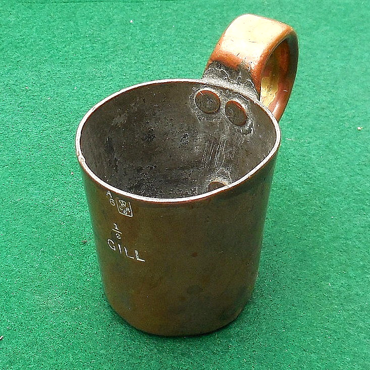 Antique British Copper 1/2 gill Measuring Cup Royal Navy Rum Tot Handle Rivets