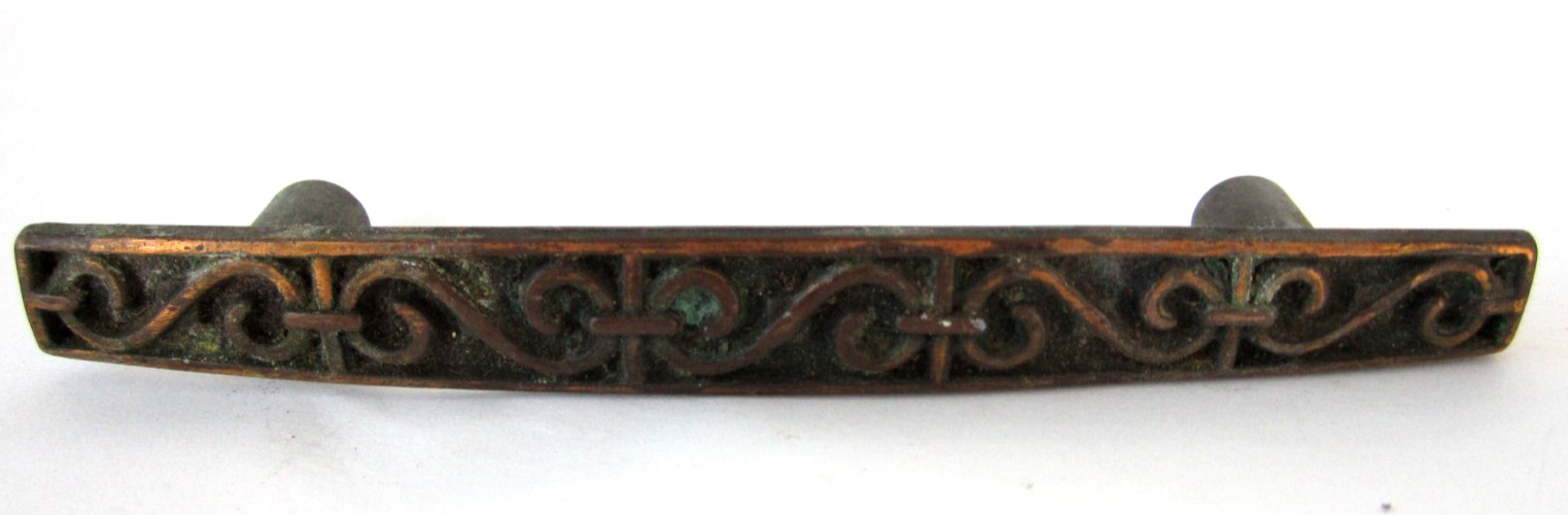 Vintage 70s Cabinet Handle Pull Rectangle with Swirls Oil Rubbed Bronze 4.5″