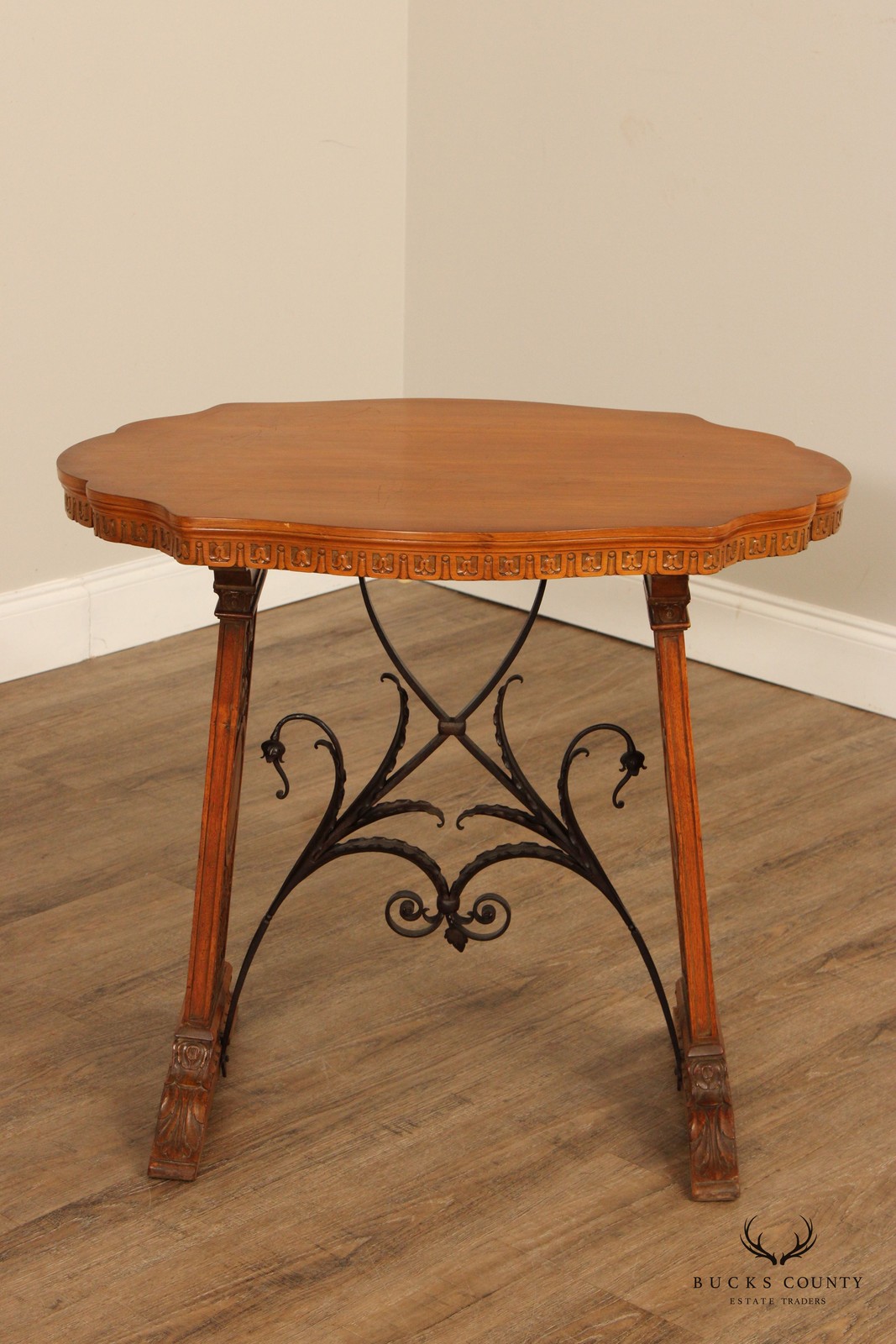 Antique Spanish Revival Carved Oak And Forged Iron Trestle Side Table