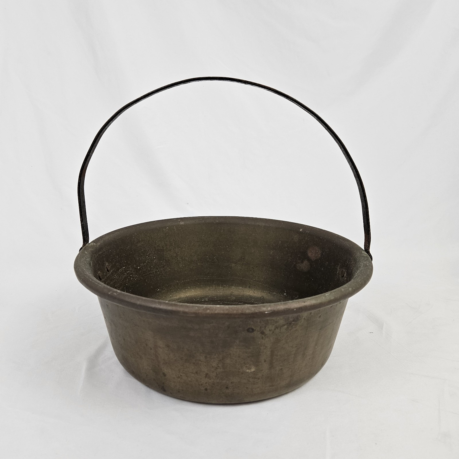 Antique Brass Bean Pot Cauldron Campfire Pan Copper Handle Forged Primitive