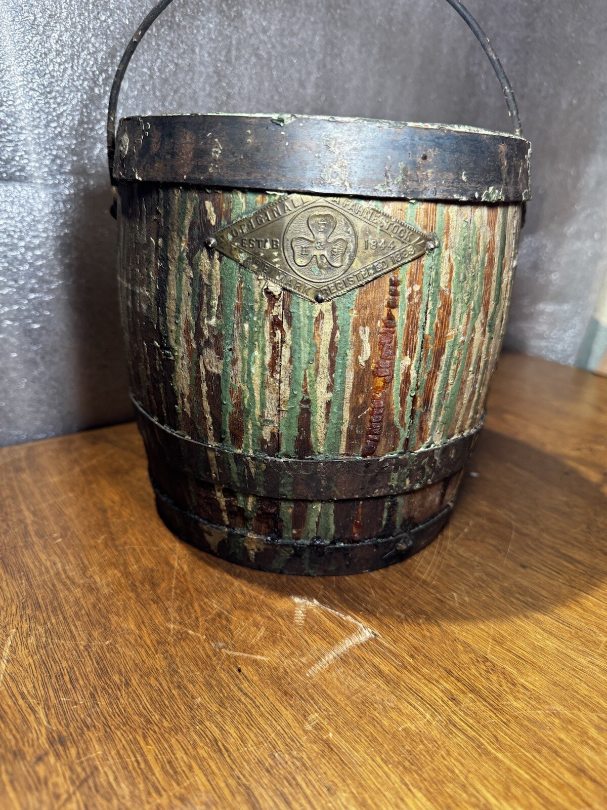 19th Century Paint Pail Keg With Bronze Bands, White lead Works. Orig. Paint