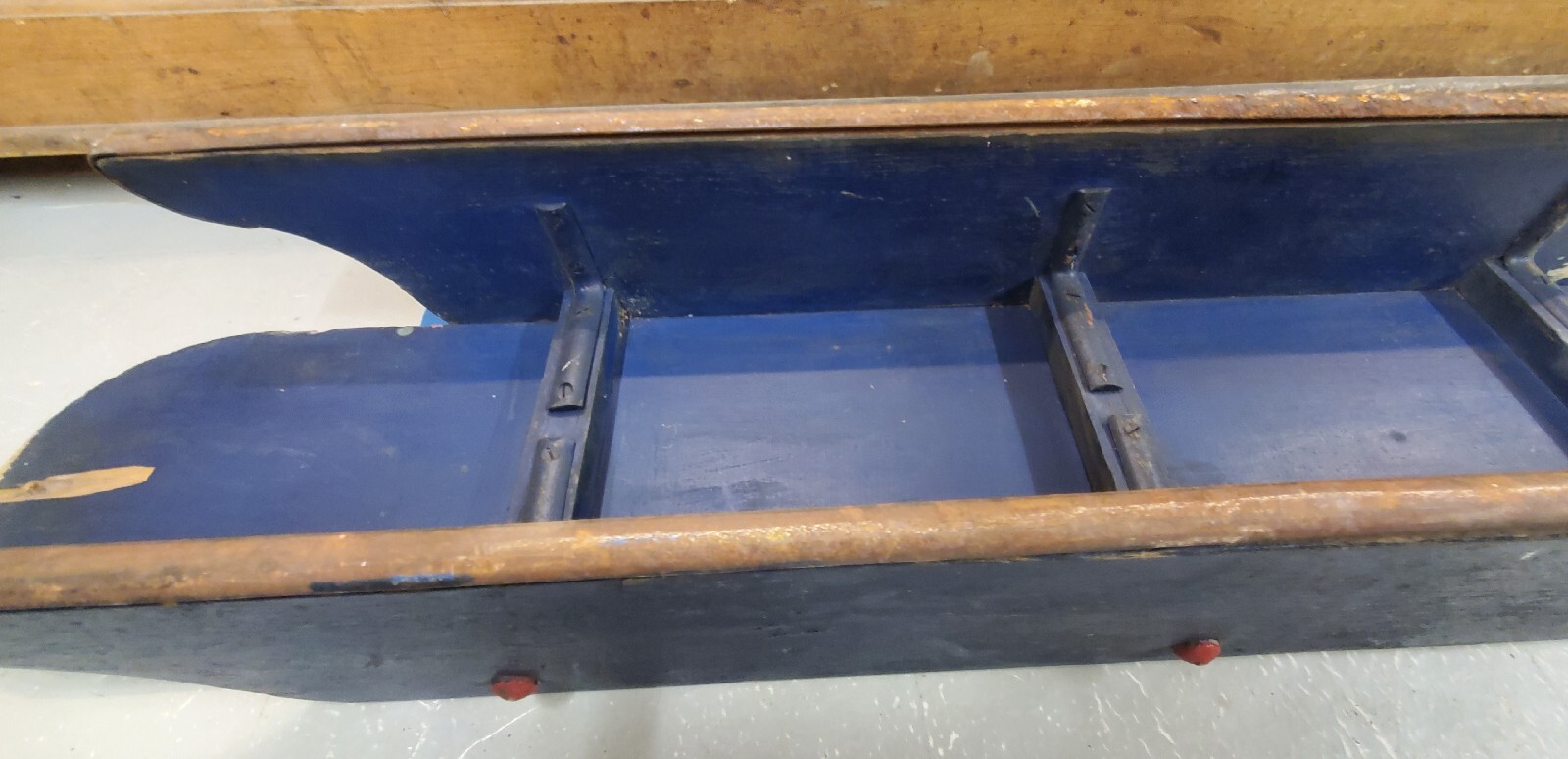 Antique Vintage Solid Wood Snowboard Sled Primitive Red White Blue Ice Sled Bob
