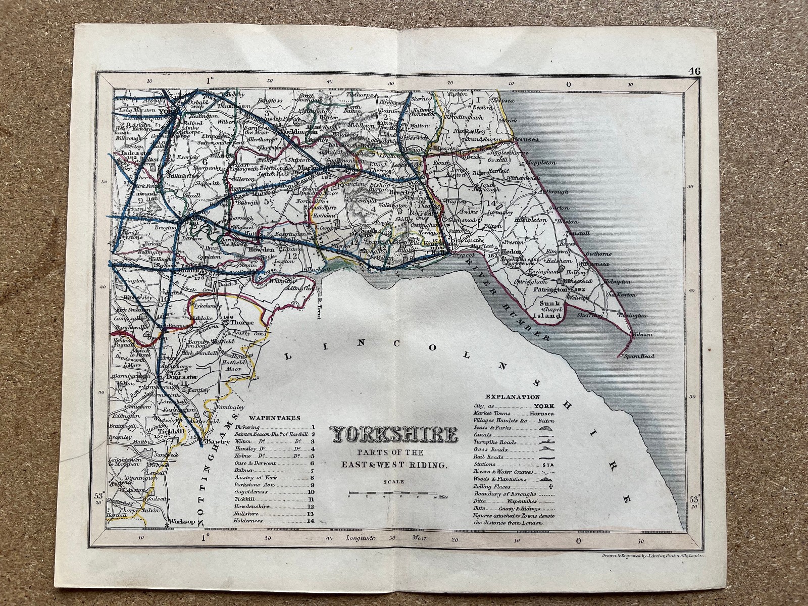 Antique hand coloured county map parts of East West Riding Yorkshire 1850 A1049