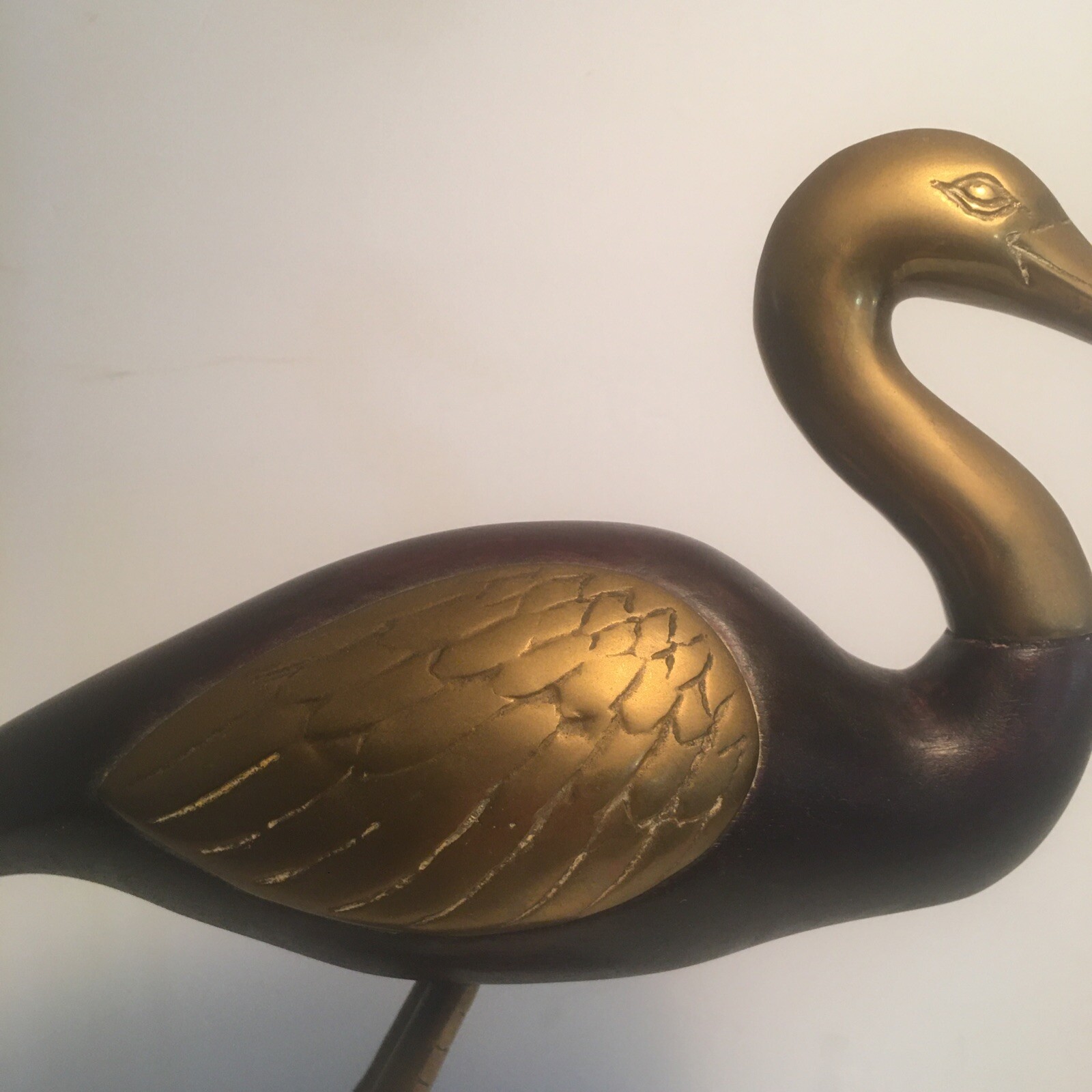 Brass Fitted Wooden Crane / Stork Bird Statue 13.5×10.5 inches