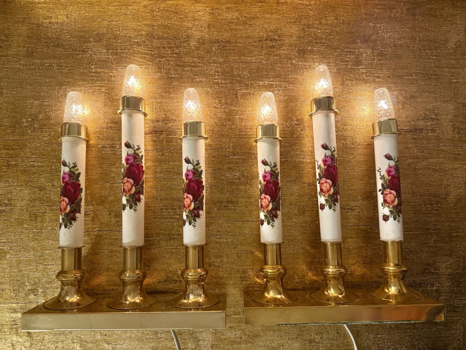 VTG French Country Roses Victorian Style Electric Candelabra Brass RARE Set Of 2