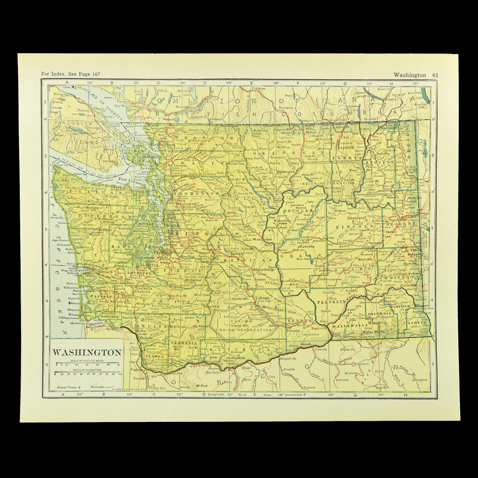 Vintage WASHINGTON Map Railroad Wall Art Decor State Original Seattle Tacoma