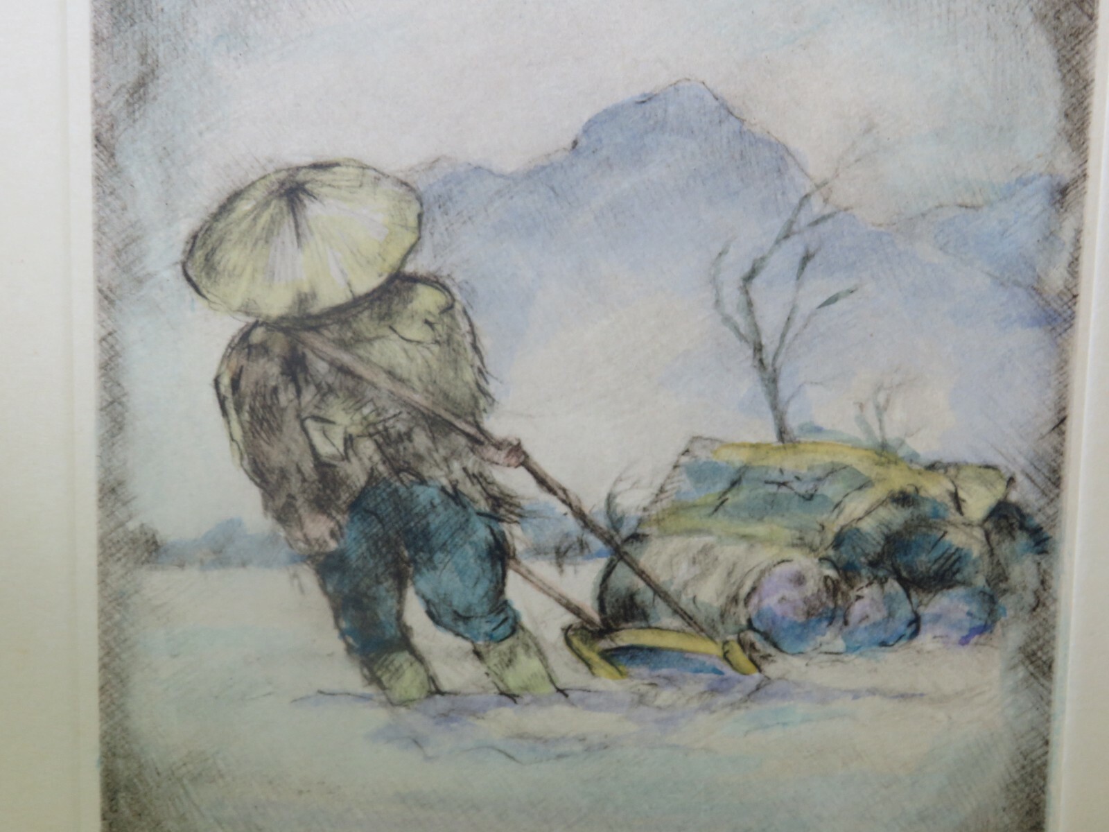 Vintage Etching By Willy Seiler original hand colored etching Man Pulling Sleigh