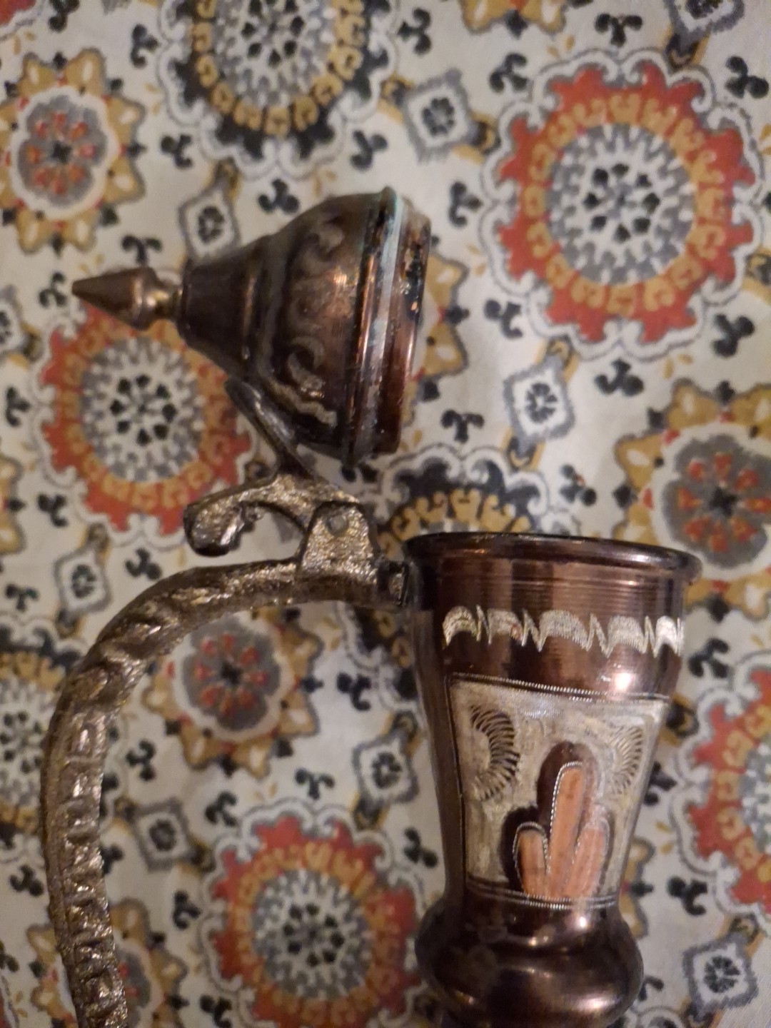 Traditional Middle Eastern Style Ewer Or Coffee Pot Etched Copper and Brass