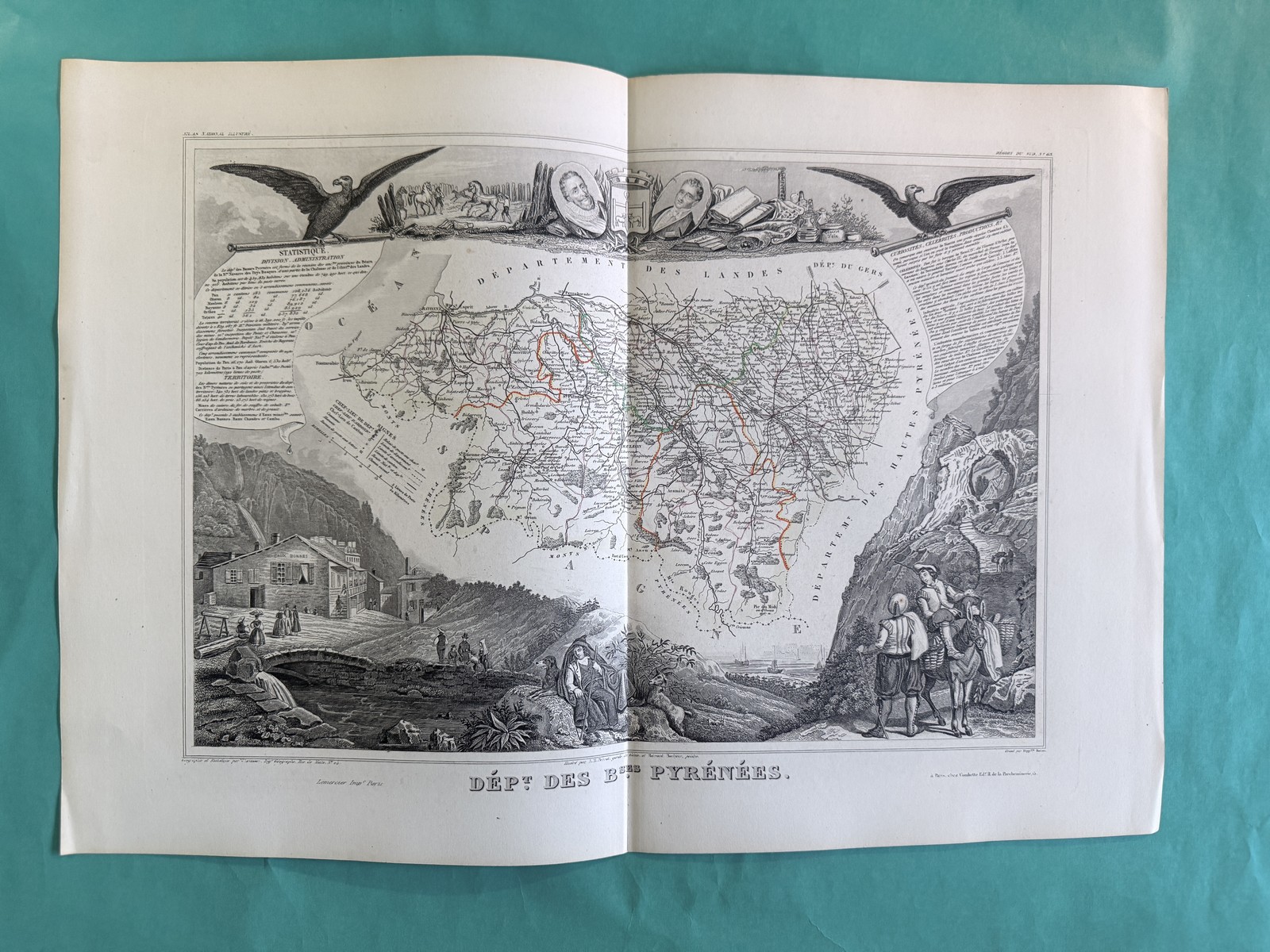 1856 Levasseur Map Basses Pyrenees France Antique Engraving Basque