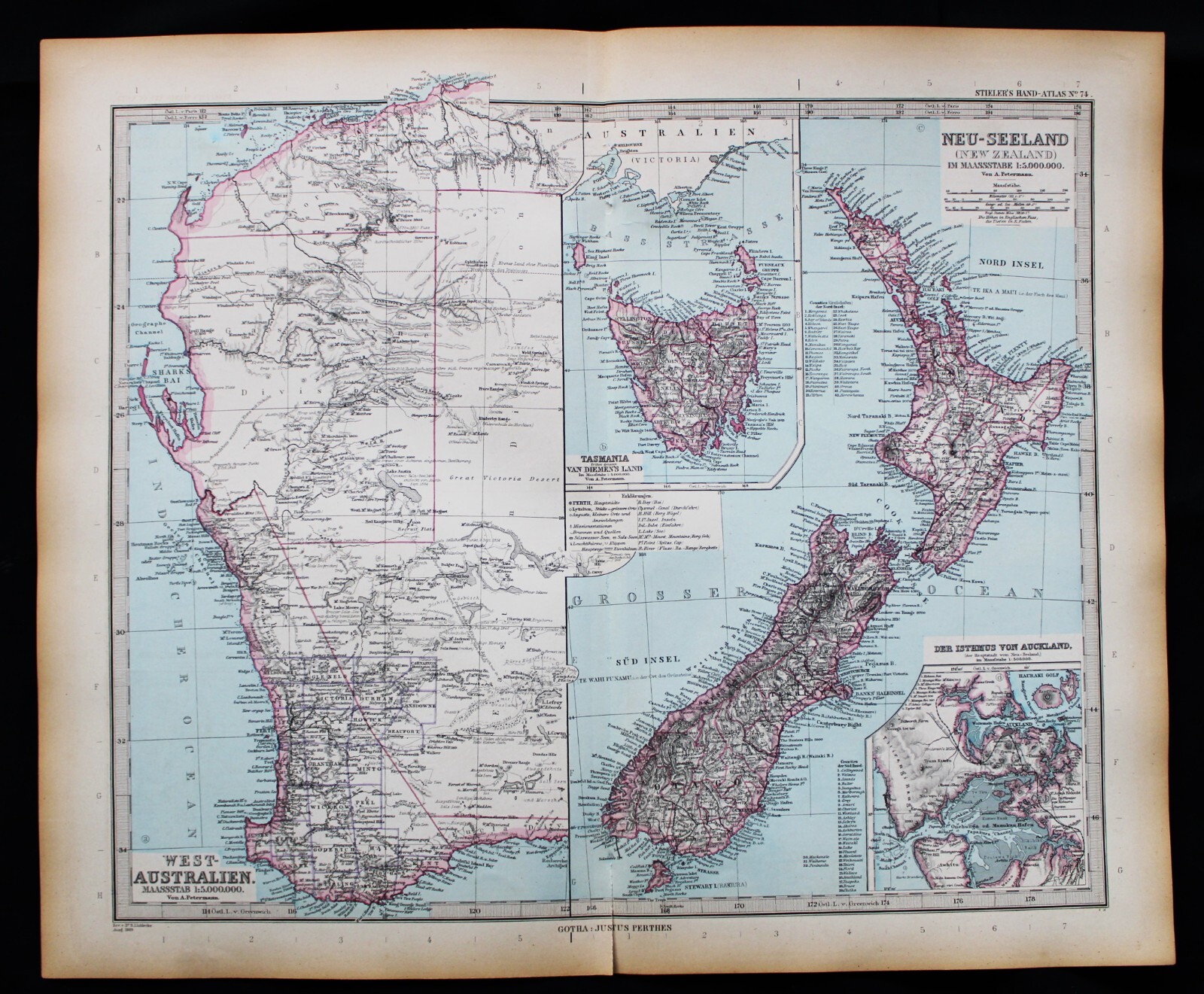 STIELERS HAND ATLAS WORLD MAP PLATE PAGE NO.74 WEST AUSTRALIA NZ TASMANIA 1888