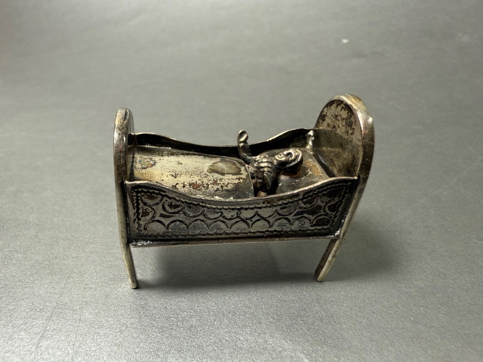 Antique DUTCH SILVER Miniature BABY in CRADLE FIGURINE crib holland netherlands
