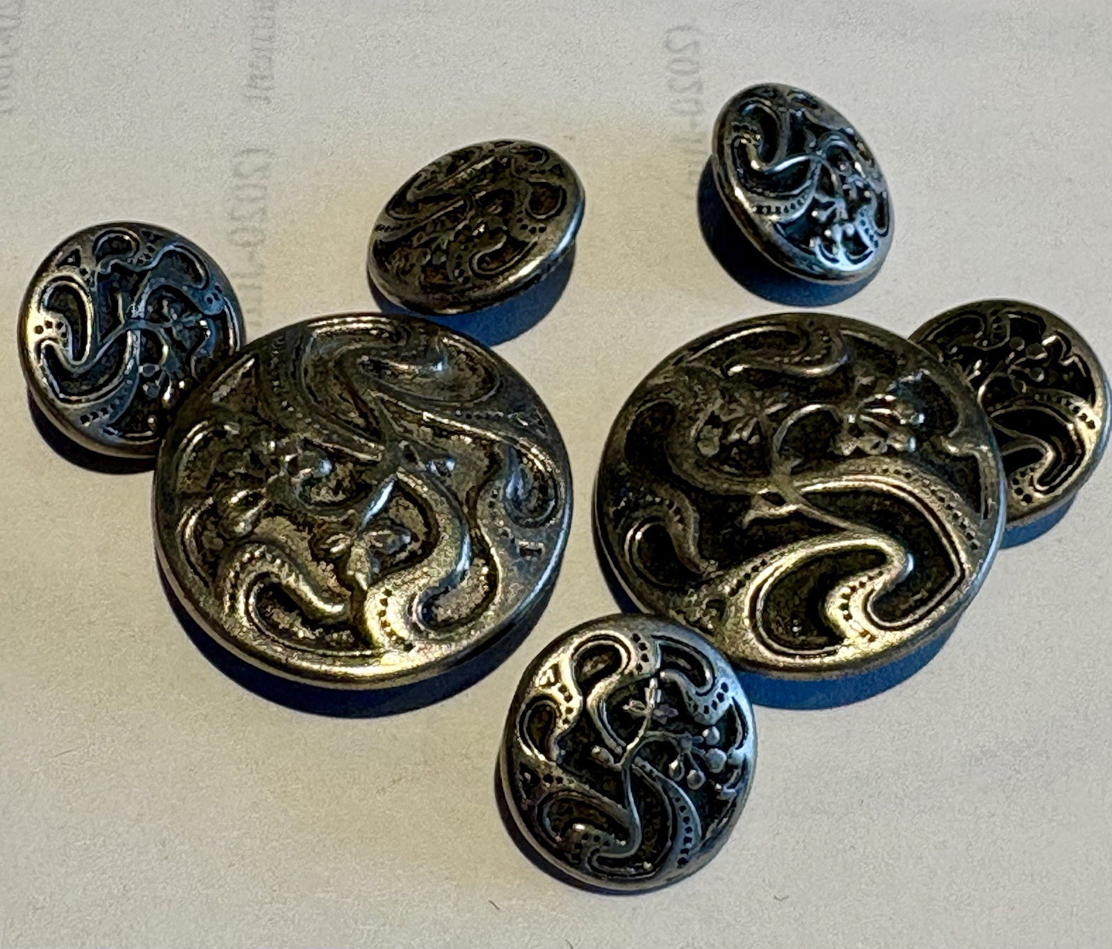 Antique Art Nouveau Steel Buttons Set 7 Matching Floral Scroll Victorian