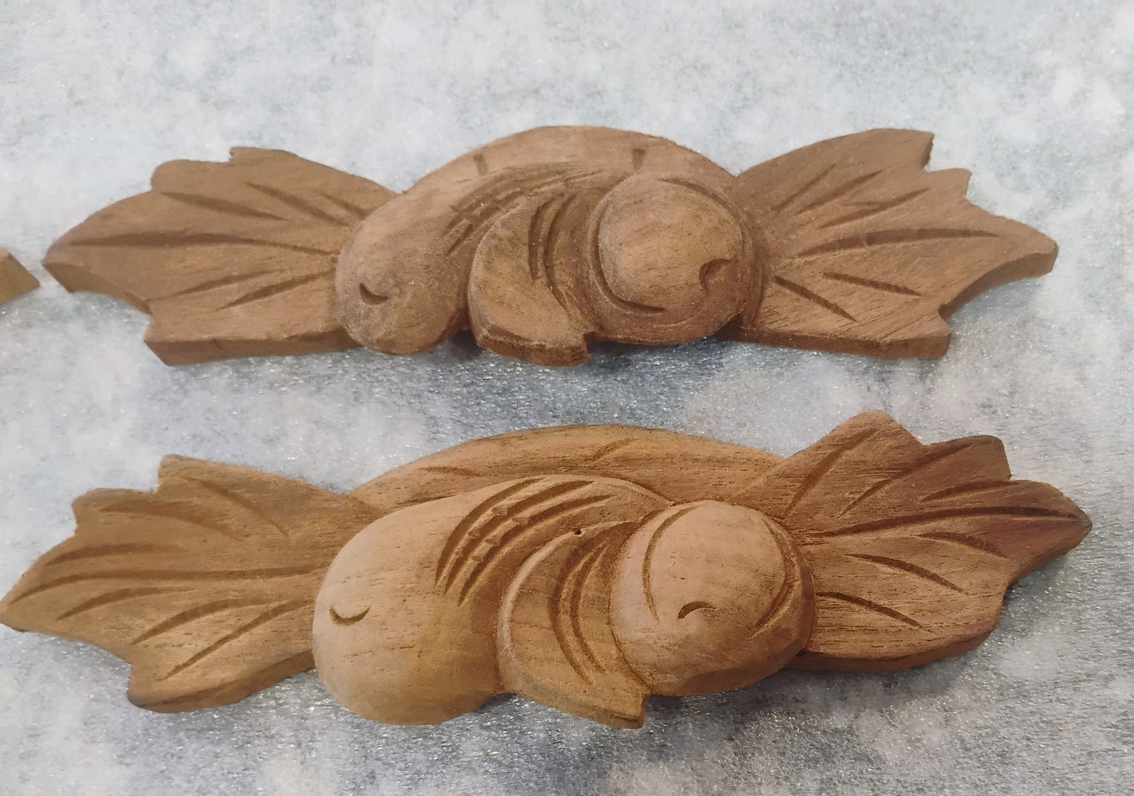 2 NOS CARVED WALNUT LEAF FRUIT PATTERN DRAWER PULLS HANDLES 6 3/4″ w