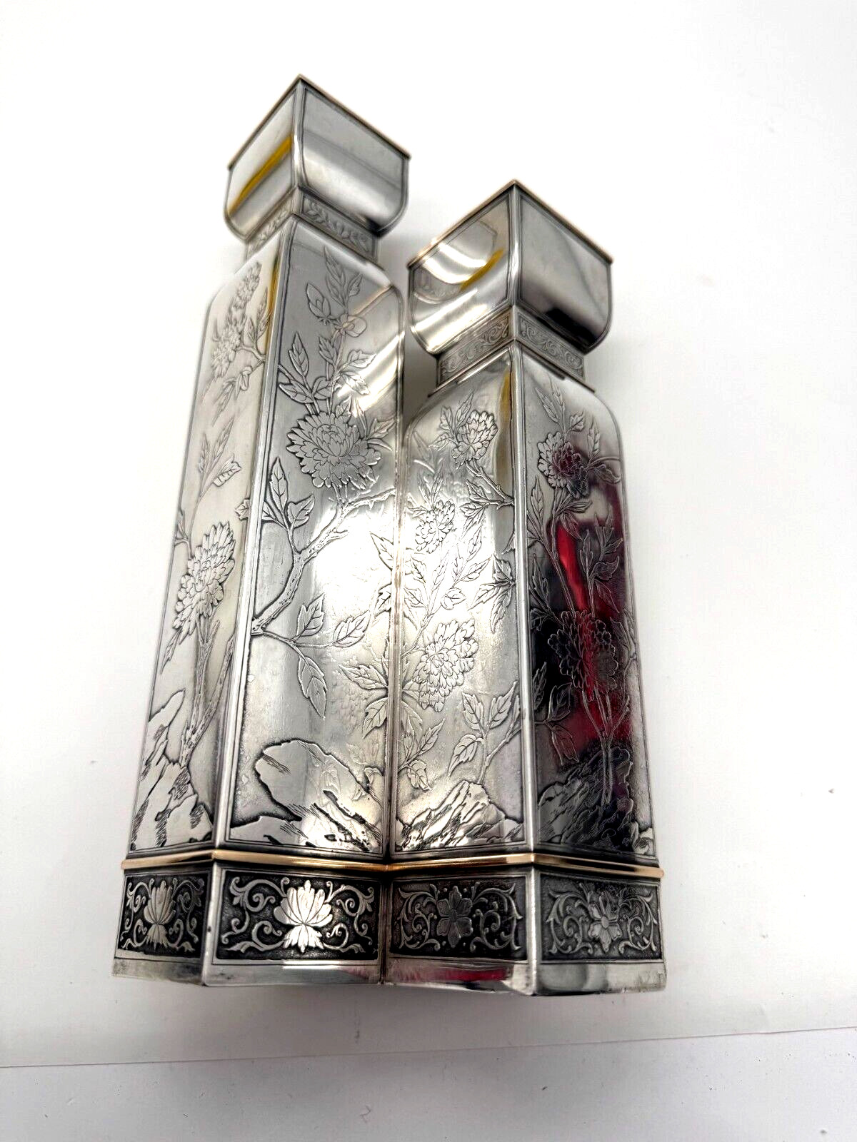 Japonesque Double Vase Sterling Silver 14K Gold Sweetser Co 1915 Acid Etched