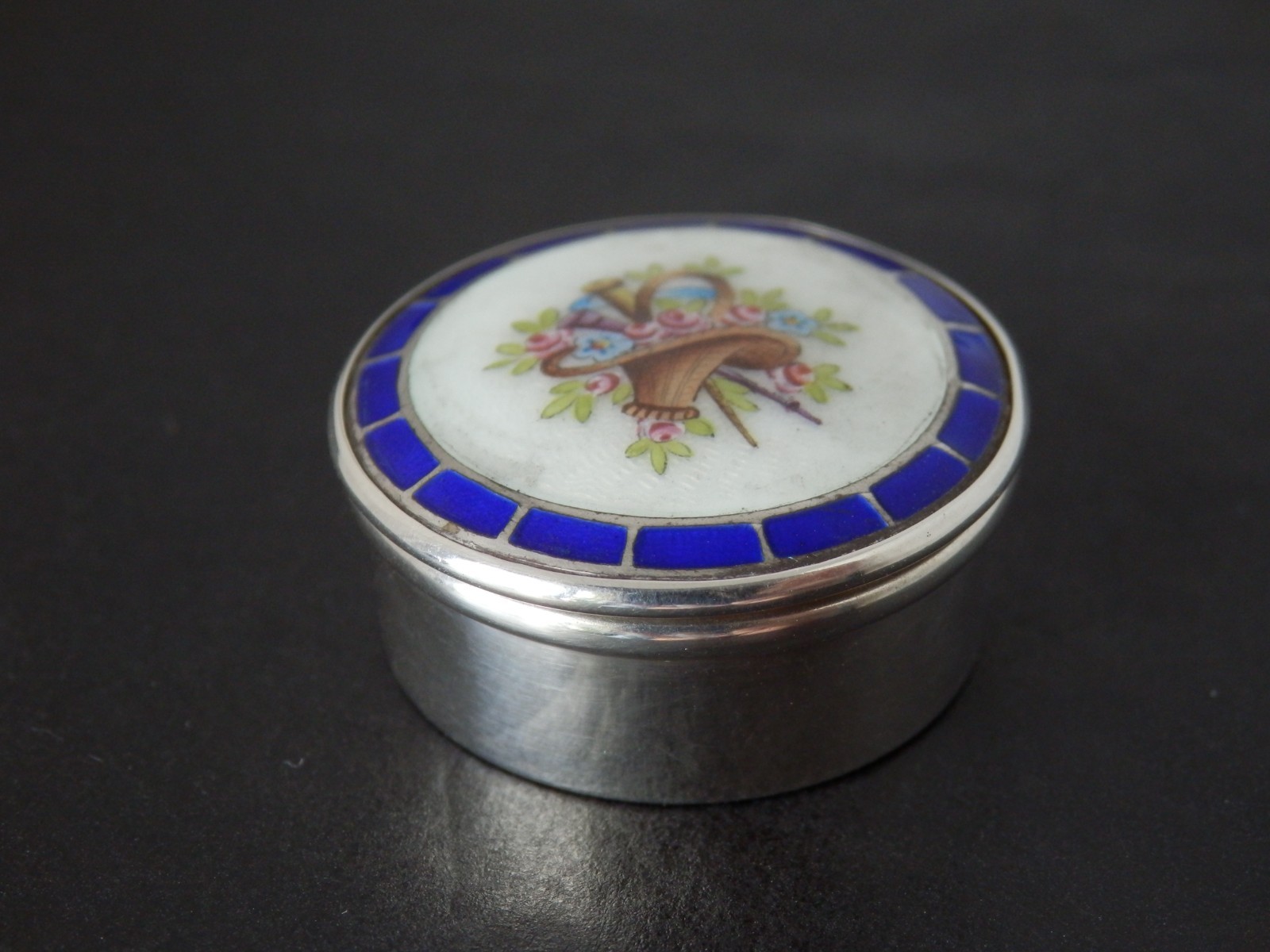 Antique Art Nouveau Solid Silver Guilloche Enamel Pill Box 1908 Levi & Salaman