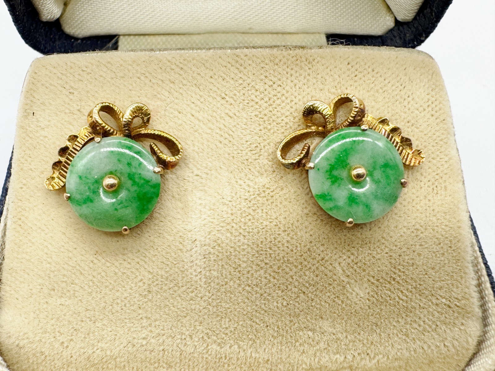 ANTIQUE SOLID 14ct GOLD 14K CHINESE JADE DISC LADIES EARRINGS