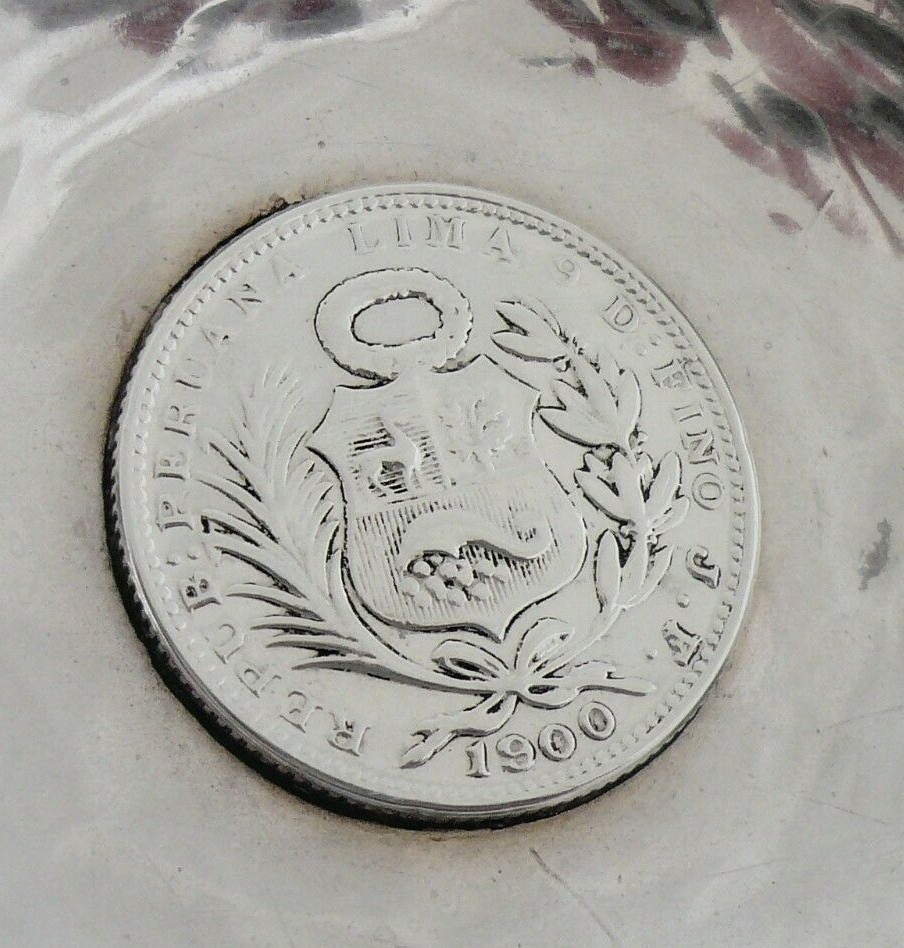 Peruvian Sterling Silver Dish with 1900 Peruvian Silver Coin, J Tavara
