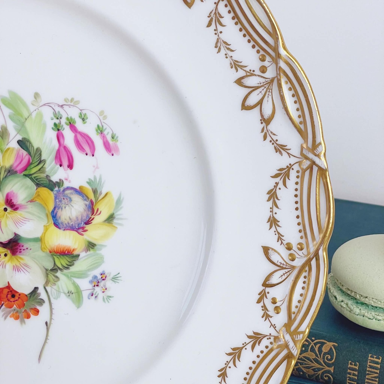 Antique Coalport John Rose dessert plate, handpainted summer flowers, c1847