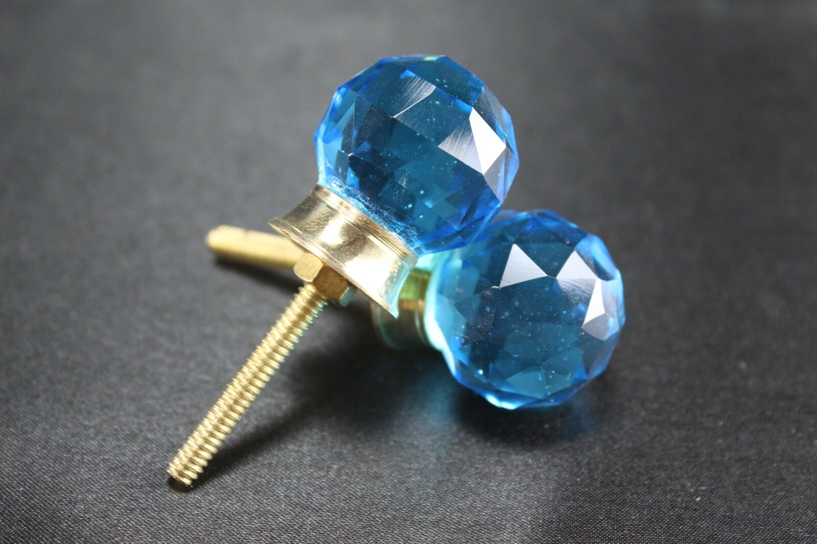 Sky Blue Diamond Cut Glass Door Knobs | Vintage Victorian Set of 2, Brass Base
