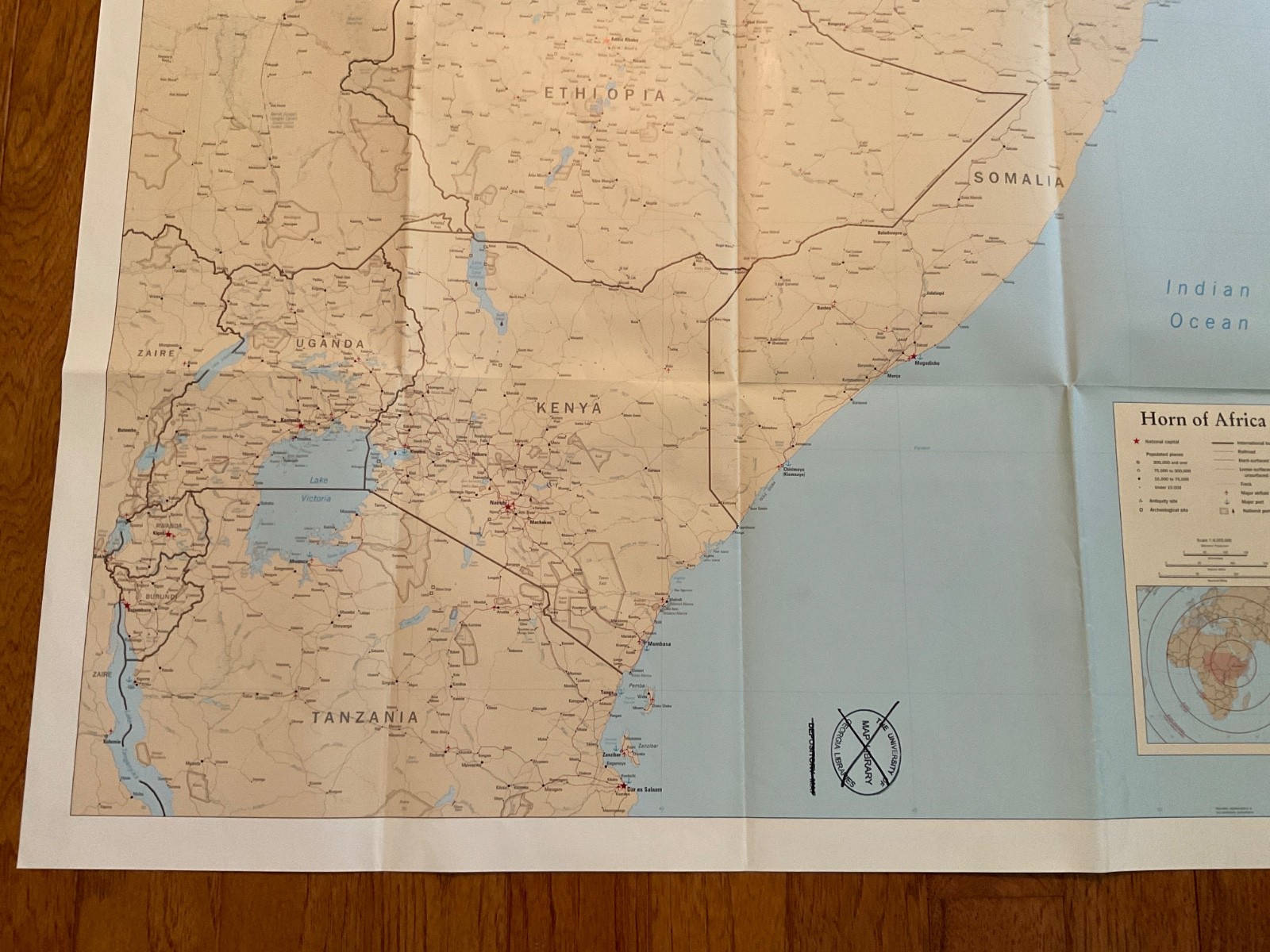Large 2 Sided Map of The Horn Of Africa, 1994, 30 7/8 inches x 32 5/8 inches.